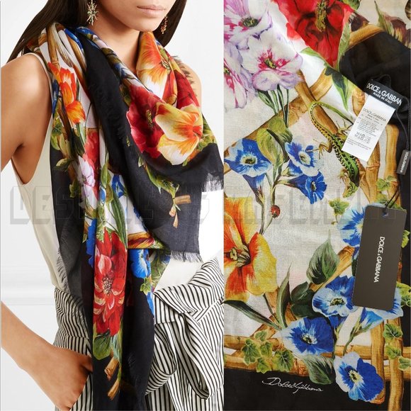 Dolce & Gabbana Accessories - DOLCE & GABBANA modal & cashmere blend FLORAL LATTICE fringe 52"x77" long Shawl